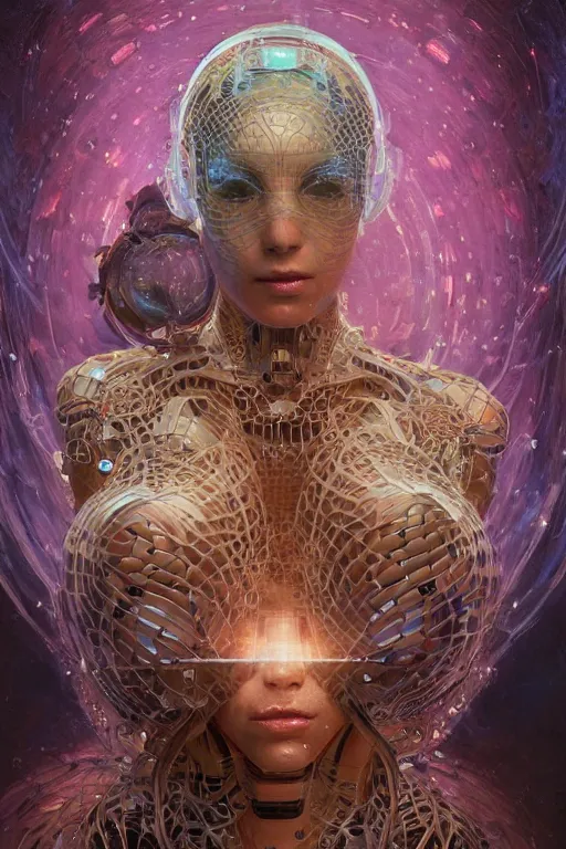 Prompt: a hiper intricate portrait of beautiful cybernetic woman build by artificial inteligence from voronoi fractures, almost done, hiper intricate 3 d render, hyper realistic detailed portrait, scifi, fantasy, hdri light, photoreal, hyper detailed, octane render, concept art, by peter mohrbacher, by wlop, by ruan jia