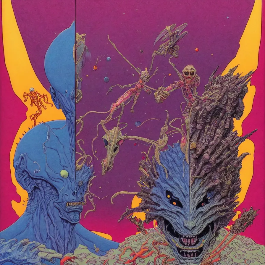 Image similar to ( ( ( ( the king of demons and the astronaut talking face to face ) ) ) ) by mœbius!!!!!!!!!!!!!!!!!!!!!!!!!!!, overdetailed art, colorful, artistic record jacket design