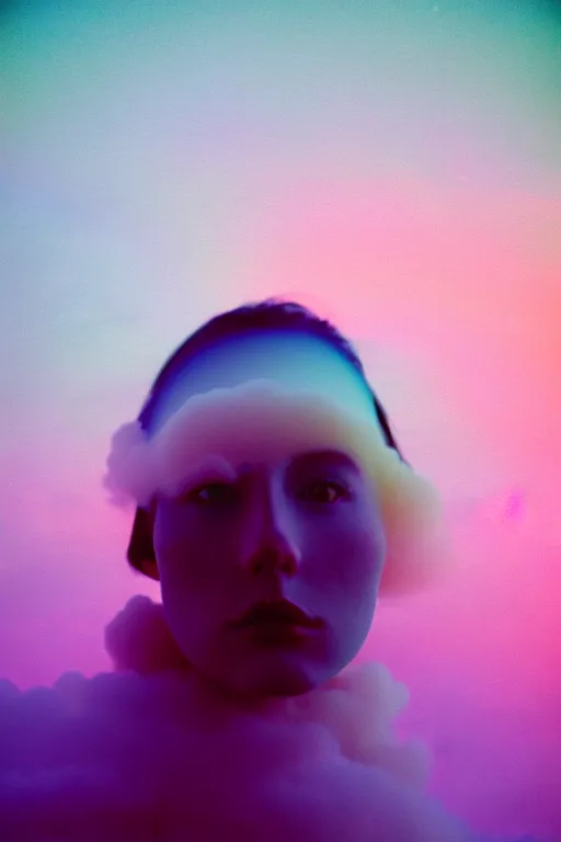 Image similar to high quality pastel coloured film close up wide angle photograph of a model wearing clothing swimming on cloud furniture in a icelandic black rock!! environment in a partially haze filled dreamstate world. three point light, rainbow. photographic production. art directed. pastel colours. volumetric clouds. pastel gradient overlay. waves glitch artefacts. extreme facial clarity. 8 k. filmic.