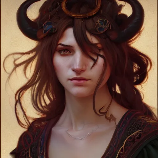 Prompt: portrait of a thiefling, D&D, fantasy, highly detailed, digital painting, artstation, smooth, sharp focus, illustration, art by artgerm and greg rutkowski and alphonse mucha