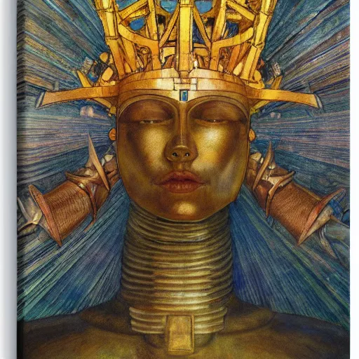 Image similar to the robot crown, by Annie Swynnerton and Diego Rivera , symbolist, dramatic lighting, elaborate geometric ornament, Art Brut, god rays, soft cool colors,smooth, sharp focus, extremely detailed, Adolf Wölfli and (Donato Giancola)