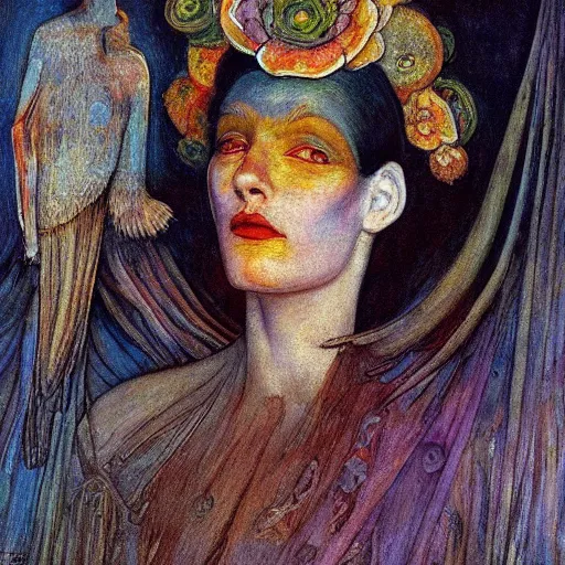 Prompt: the android in her crow crown, by Annie Swynnerton and Diego Rivera, symbolist, dramatic lighting, elaborate geometric ornament, Art Brut ,god rays, soft cool colors,smooth, sharp focus, extremely detailed, Adolf Wölfli