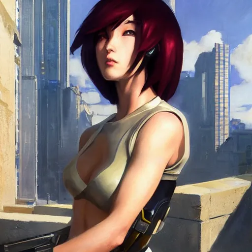 Image similar to greg manchess portrait painting of invisible armored motoko kusanagi as overwatch character, medium shot, asymmetrical, profile picture, organic painting, sunny day, matte painting, bold shapes, hard edges, street art, trending on artstation, by huang guangjian, gil elvgren, ruan jia, greg rutkowski, gaston bussiere