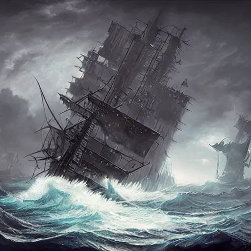 Prompt: ghostly pirate ship sailing on a raging sea, concept art, highly detailed, ultra realistic, intricate, dark colour, tense atmosphere, night sky, shining sea, wrecked ship