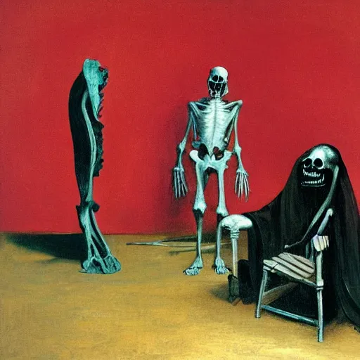 Prompt: dark figure hanging on wall and another dark figure laughing with a horse skeleton by Francisco Goya and Francis Bacon, vibrant red background, mythological painting, oil painting, triadic color scheme, very coherent, Figure laughing seated on a throne made out of a whale skeleton inside interior room, Beksinski painting, masterpiece, artstation