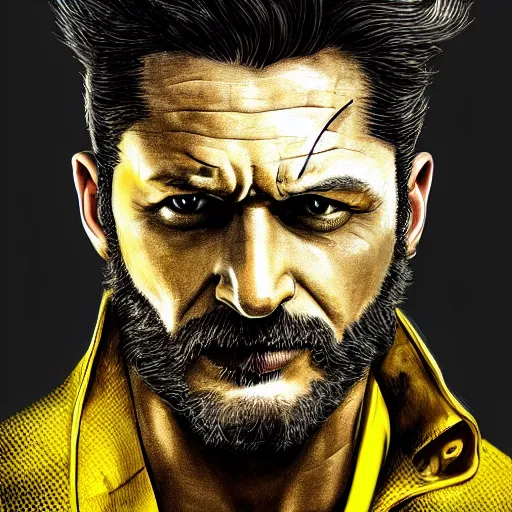 Prompt: Tom Hardy as wolverine in his yellow suit Digital art 4K quality Photorealism