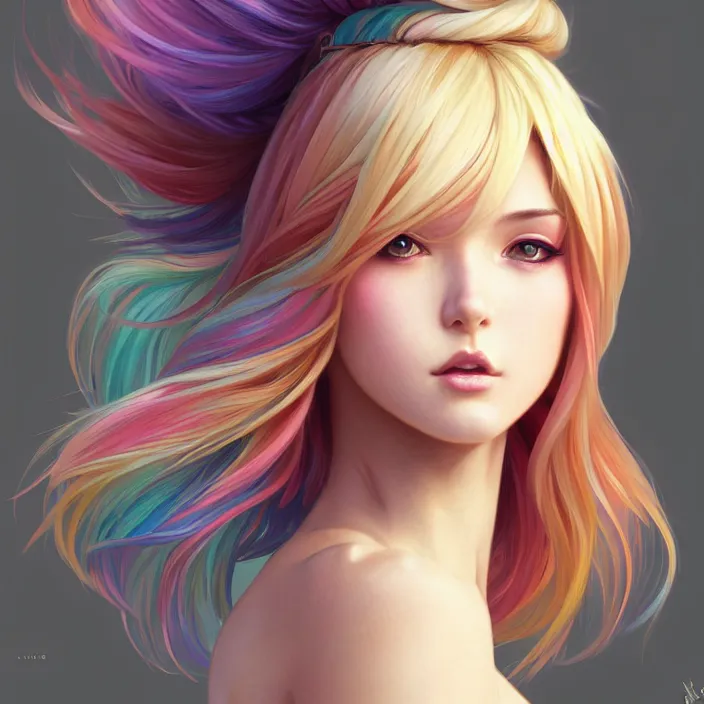 Image similar to full body portrait, a beautiful symmetrical gorgeous anime girl, rainbow hair, attractive, casual, modern, victoria's secret, highly detailed, digital painting, artstation, concept art, smooth, sharp focus, illustration, art by artgerm, greg rutkowski and alphonse mucha, 8 k,