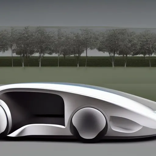 Prompt: sleek autonomous vehicle, designed by Zaha Hadid, parked by an oasis, line art illustration, muted colours