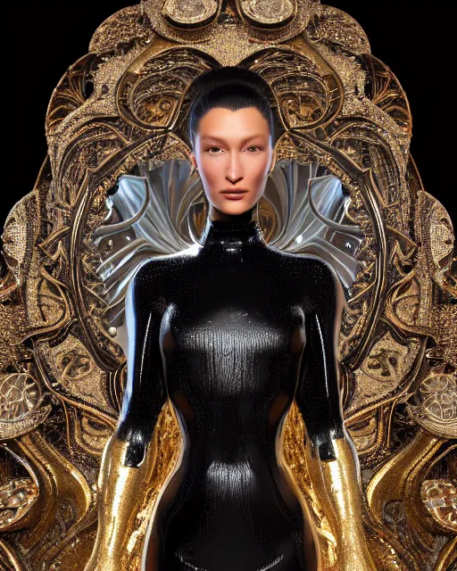 Prompt: a highly detailed metahuman 4 k close up render of a bella hadid as a black latex outfit monument renaissance in iris van herpen dress schiaparelli in diamonds crystals swarovski and jewelry iridescent in style of alphonse mucha gustav klimt trending on artstation made in unreal engine 4