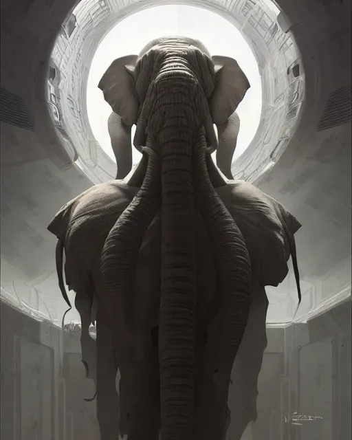 Image similar to elephant cyborg painted by escher volumetric lighting, back lighting, rimlight, dramatic lighting, digital painting, highly detailed, artstation, sharp focus, illustration, Artgerm, Jean-Léon Gérôme , ruan jia