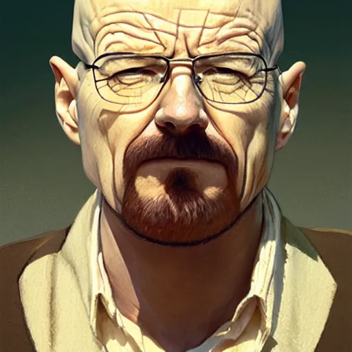 Image similar to walter white, fantasy character portrait, dynamic pose, above view, sunny day, very coherent asymmetrical artwork, sharp edges, perfect face, simple form, 100mm by Stanley Artgerm Lau, greg rutkowski, thomas kindkade, alphonse mucha, loish