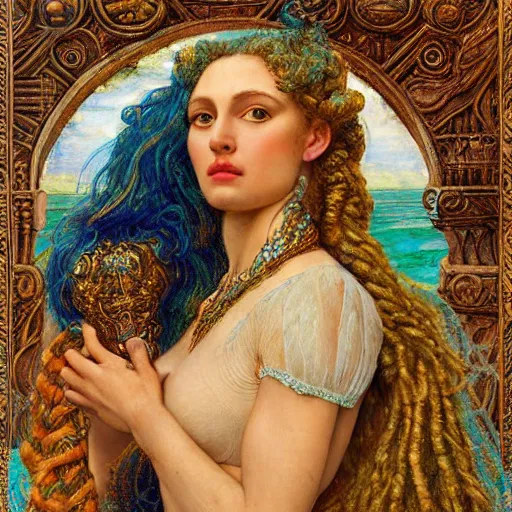 Image similar to intricate detail, hyper detail, by gaston bussiere, sandro botticelli, lady of elche, techno mystic princess intergalactica, inanna, ashteroth, with neon aqua rapunzel dreadlocks, detailed, masterpiece, sharp focus,