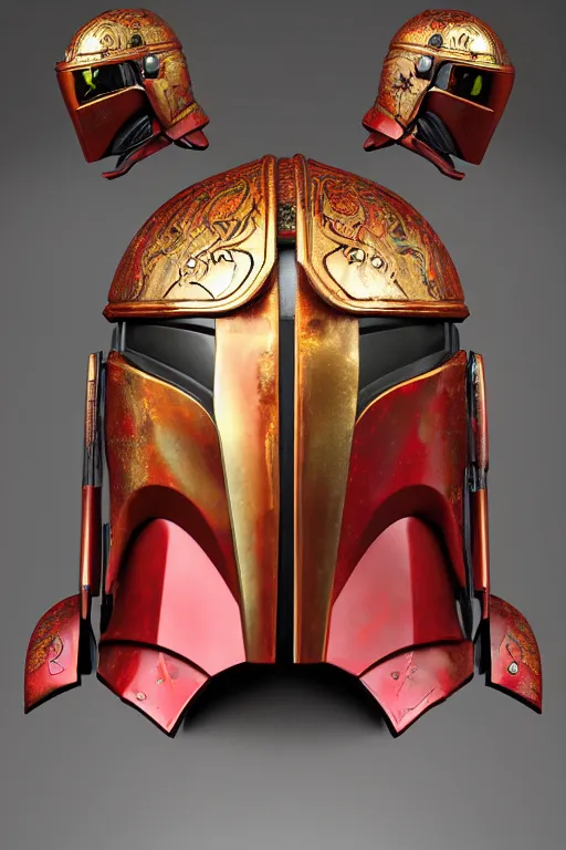 Image similar to an artistic and realistic 8k sculpture of a mandalorian helmet, liquid simulation, bright psychedelic color, dramatic lighting, silver gold red details, filigree, intricate details, cinematic, elegant, micro detail, octane render, filmic, interesting camera angle, 8k post-processing, intricate art by John Collier and Albert Aublet and Krenz Cushart and Alphonse Mucha and Greg Rutkowski