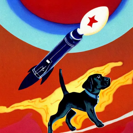 Image similar to overview of a red rocket with a evil dog in space