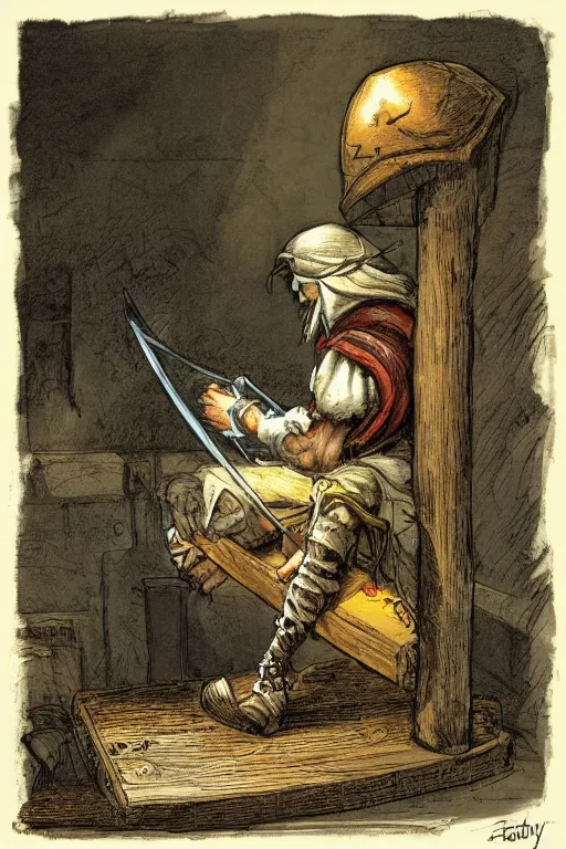 Prompt: aesthetic digital illustration of a sad pirate hanging his head sitting on a prison cot by miyamoto and alex horley - orandelli, sitting in a prison, centered, concept art, deviantart