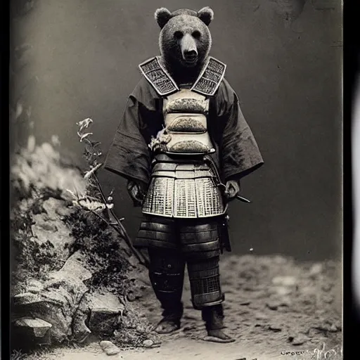 Image similar to “grizzly bear in full samurai armour, 1900’s photo”