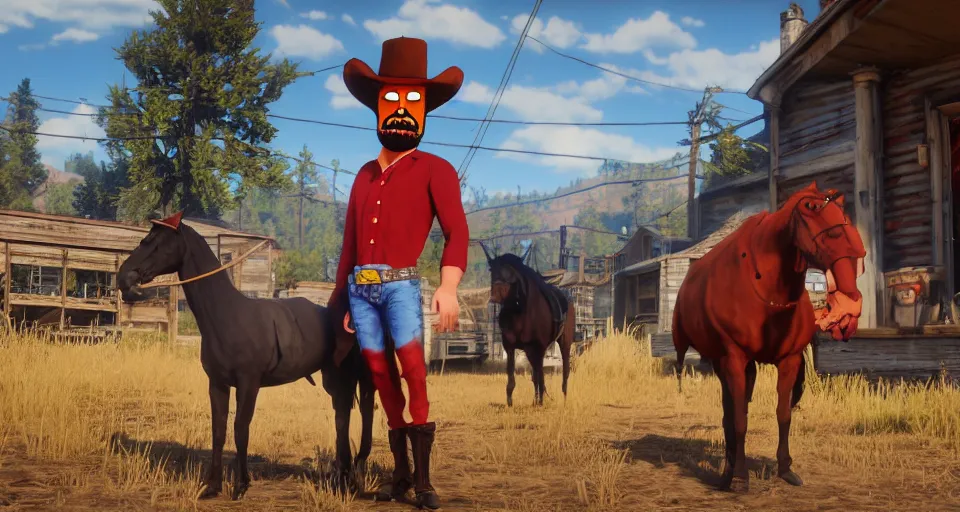 Image similar to Screenshot of Frylock from Aqua Teen Hunger Force as a 3d cowboy in full cowboy attire in the videogame 'Red Dead Redemption 2'. Sharpened. 1080p. High-res. Ultra graphical settings.