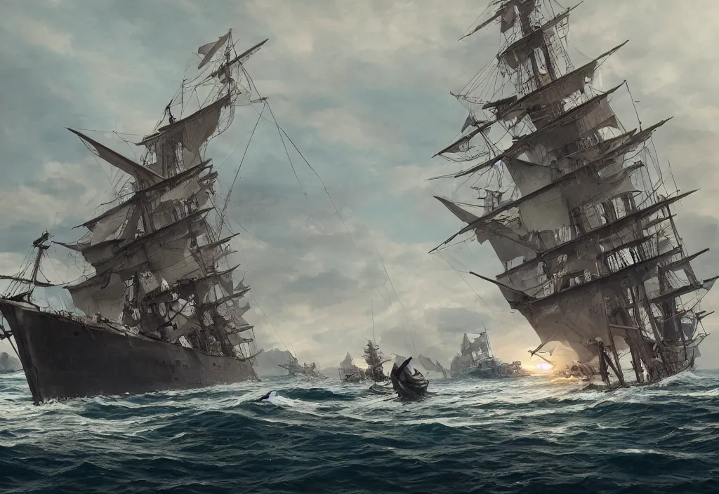 Image similar to Master and commander ship fight on the sea, low-poly digital painting by Julian Totino Tedesco, octane render trending on artstation, 4k, 8k, HD