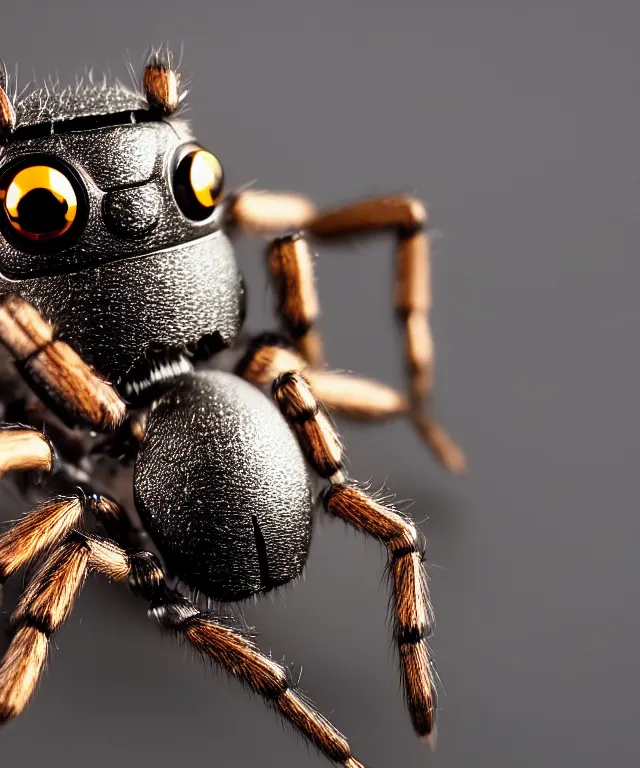 Prompt: high quality presentation photo of a cute miniature robot spider, photography 4k f1.8 anamorphic bokeh 4k Canon Nikon