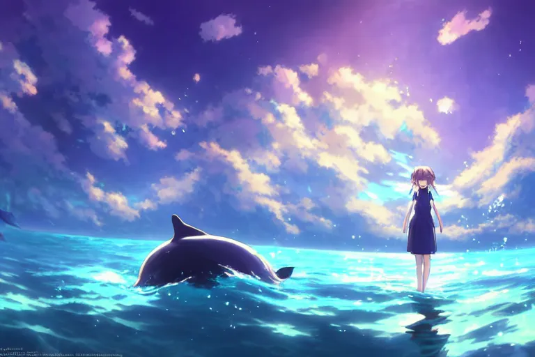 Image similar to a panorama distant view under the water, underwater world, anime art full body portrait character concept art, hyper detailed cg rendering of a cute girl and whale, anime key visual of violet evergarden, finely detailed perfect face, style of raphael lacoste, makoto shinkai, violet evergarden, studio ghibli, james jean, hayao miyazaki, extremely high quality artwork