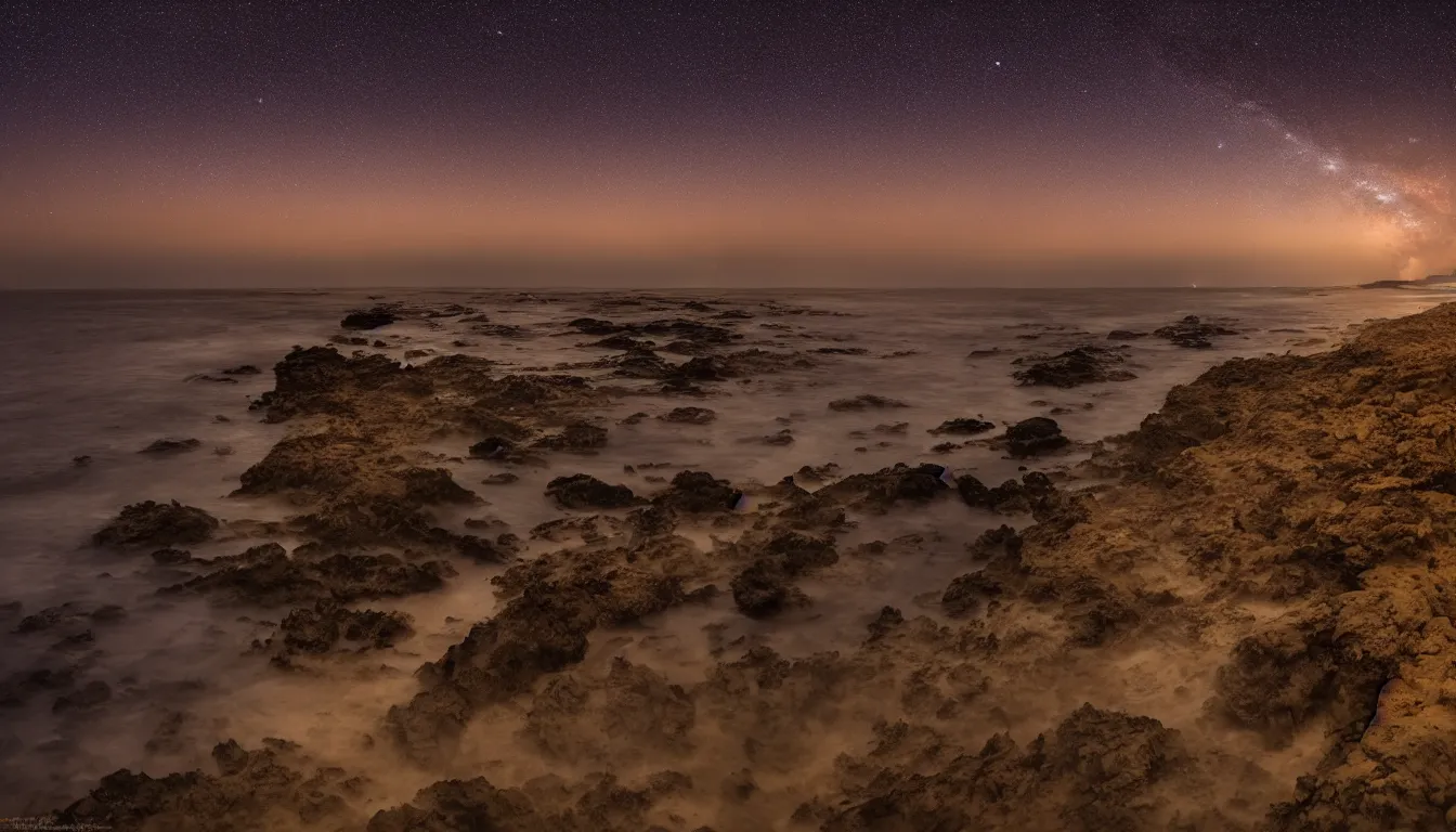 Image similar to coast of Lima, Peru at dusk with a Milky Way sky photographed in 4K, photorealistic