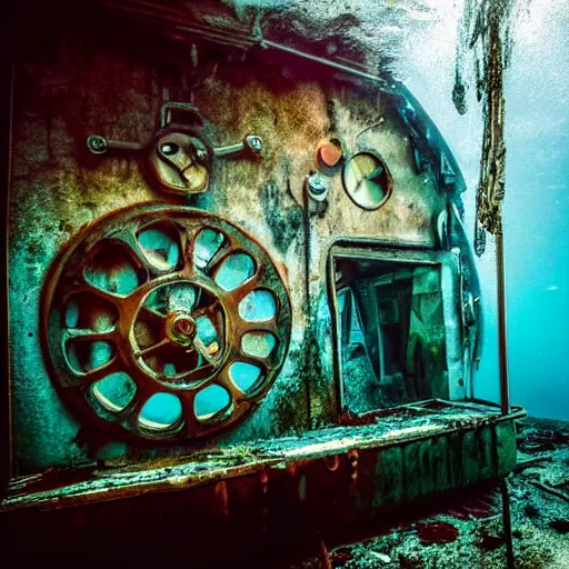 Image similar to abandoned rusty underwater theme park, surreal, horror, eerie, creepy, murky water, underwater, underwater photography, dark, submechanophobia, animatronics,