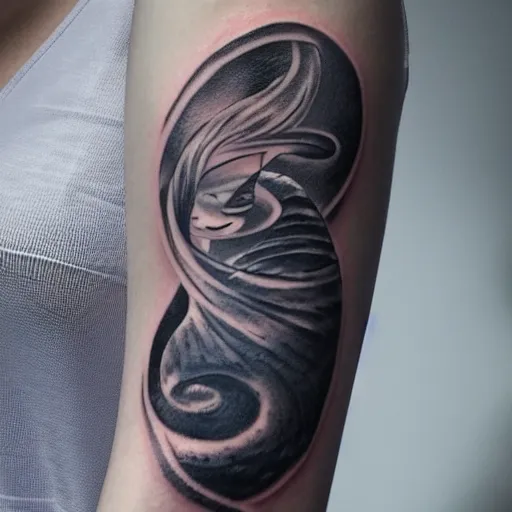 Prompt: a woman with a tattoo of a snake sitting on the moon gazing at the milkyway, volumetric light, ray tracing,