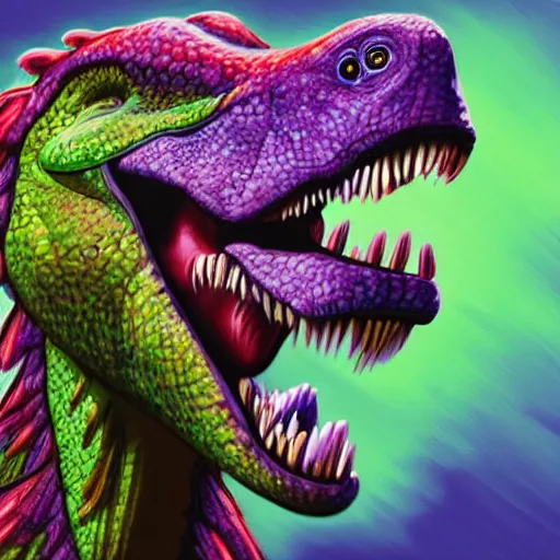 Prompt: scientifically accurate paleoartist illustration of barney the dinosaur, vivid colors, very detailed, hyperreal, 4 k, digital illustration