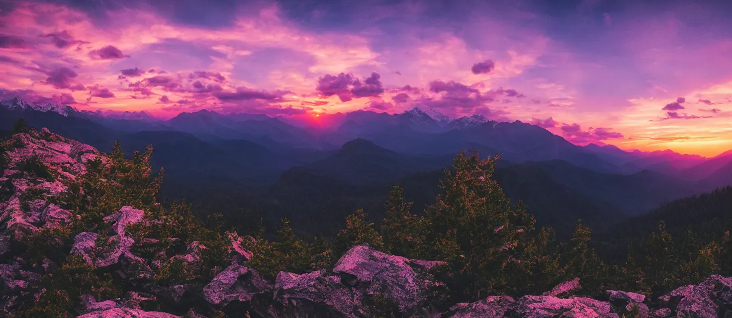 Image similar to beautiful mountain landscape, vaporwave, sunset, professional photography