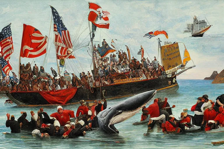 Prompt: whaling boat filled with nfl football players in helmets and pads, american school, whaling painting, robert wyland