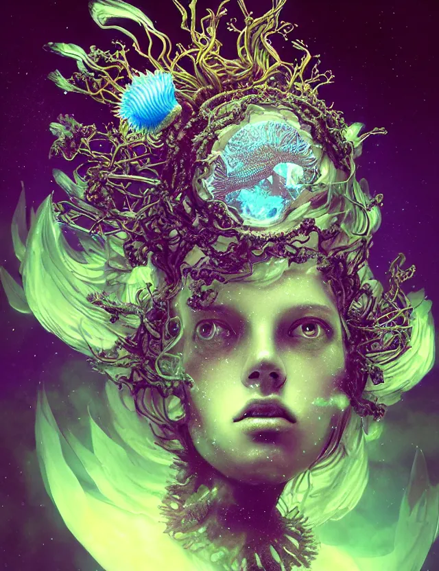 Image similar to goddess macro close - up portrait wigh crown made of ram skull. betta fish, jellyfish phoenix, bioluminiscent, plasma, ice, water, wind, creature, super intricate ornaments artwork by tooth wu and wlop and beeple and greg rutkowski