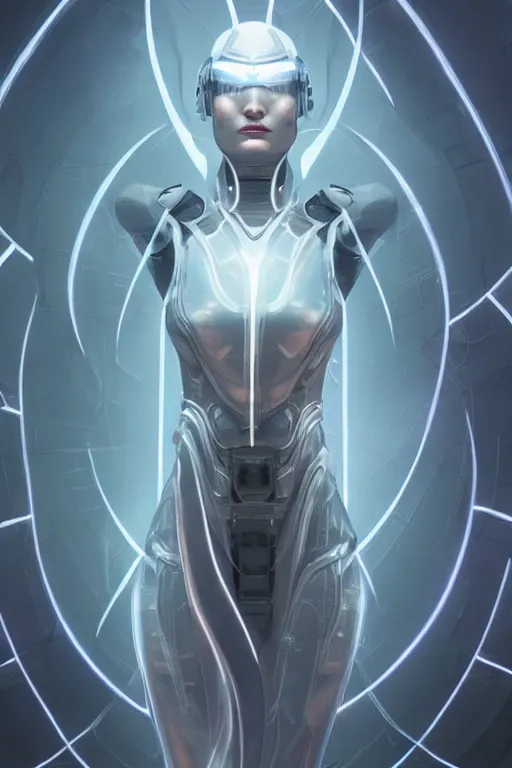 Image similar to beautiful cyborg priestess, scifi, perfect face, futuristic, elegant cape, aura of light, glow, concept art, sharp focus, inside a space ship, trending on artstation, hwang se - on, intricate, advanced technology, art by roman makarenko and simon almeida and marcos melco