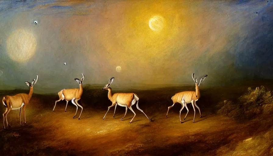 Image similar to highly detailed painting of antelopes in a small square flower garden on the dry grey cratered surface of the moon by william turner, thick brush strokes and visible paint layers, 4 k resolution