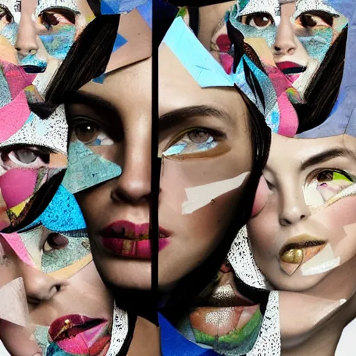 Image similar to a chaotic collage made out of fragments of printed images taken from the internet, fashion magazines, and family photographs all coming together to form hybrid face contour with twisted features in the Dadaesque style, mixed media
