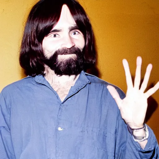 Prompt: Photo of Charles Manson smiling and giving the peace sign, circa 1970