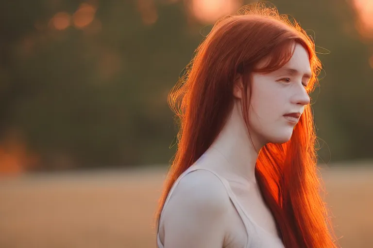 Image similar to picture of woman in the sunset, long hair, red head, golden hour, high depth of field, zoom, 4 k