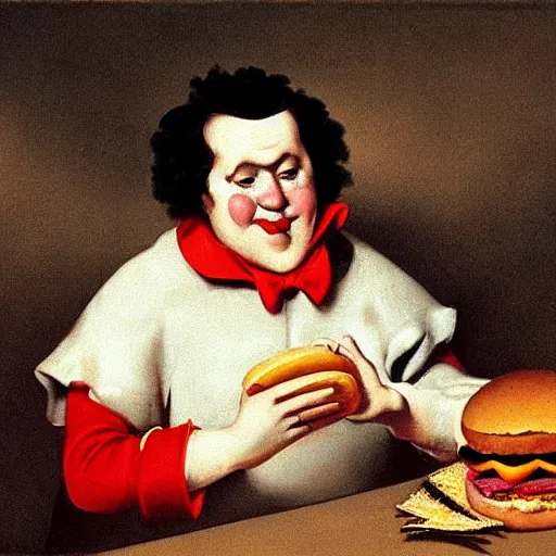 Image similar to ronald mcdonald eating a hamburger, painting by fransisco goya