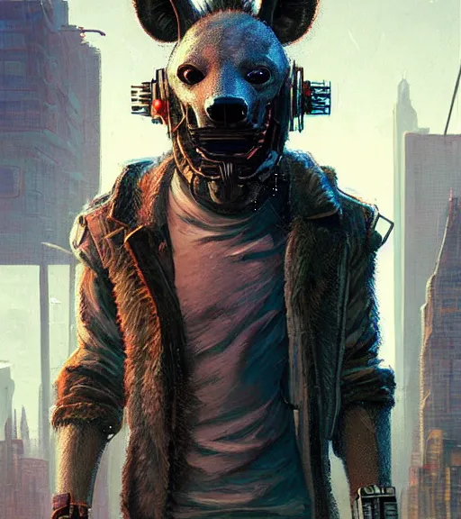 Image similar to new york city portrait of furry anthro anthropomorphic spotted hyena head animal person fursona wearing clothes strange cybernetic muzzle gloomy rainy screenshot from the video game cyberpunk 2077 digital art by Greg Rutkowski, Simon Stalenhag, christopher nolan trending on Artstation, CGSociety