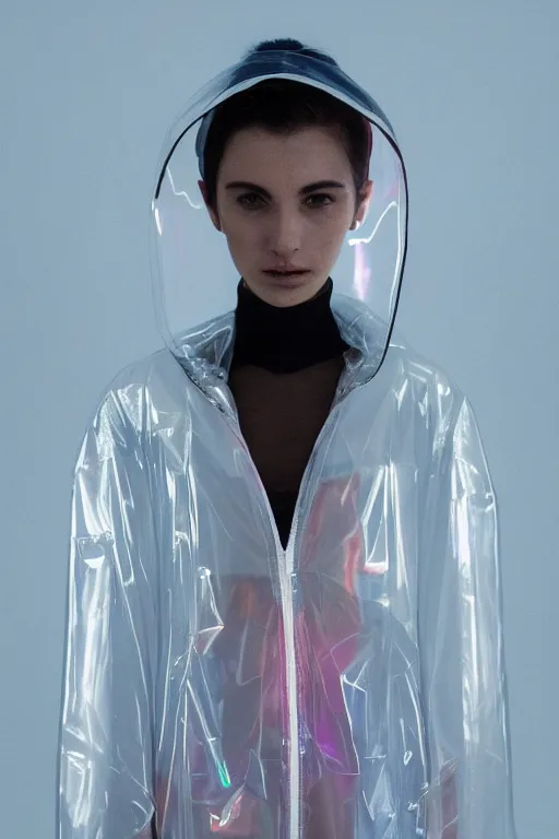 Image similar to an ultra high definition professional high fashion portrait studio full length photograph of a model wearing a transparent pearlescent raincoat and neon visor in an icelandic black rock environment at dawn. no artefacts. extremely detailed. stark. refraction. shallow depth of field. volumetric light and shadow. ray tracing. light rays.