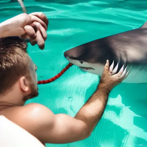 Image similar to a man feeding a shark in a pool