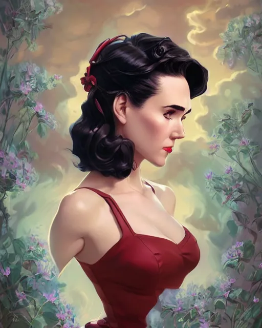 Image similar to a pin up and beautiful fashion charming dreamlke jennifer connelly, symmetrical face symmetrical eyes, character art, art by artgerm lau and wlop and and ilya kuvshinov and john singer sargent, joshua middleton comic art, hyperdetailed, 8 k realistic, symmetrical, frostbite 3 engine, cryengine, digital art