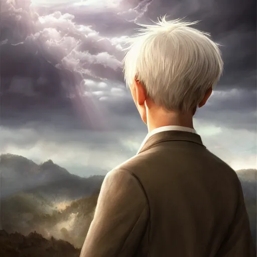 Image similar to a portrait of a young handsome prince with white fringy hair, epic clouds, beautiful landscape, backlit, incredible lighting, strong rim light, highly detailed, god rays, digital painting, HDRI, by Heise Jinyao, Heise-Lian Yan Fang, Feimo, Richard Taddei, vivid colors, high contrast, 8k resolution, intricate, photorealistic