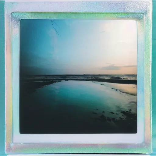 Prompt: a pastel colour high fidelity wide angle Polaroid art photo from a holiday album at a seaside, luggage is packed and in transport, all objects made of transparent iridescent Perspex and metallic silver, iridescence, nostalgic