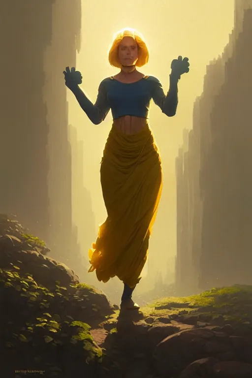 Image similar to invisible woman wearing a tunic made of yellow paper, stephen bliss, unreal engine, fantasy art by greg rutkowski, rhads, ferdinand knab, makoto shinkai and lois van baarle, ilya kuvshinov, rossdraws, tom bagshaw, global illumination, radiant light