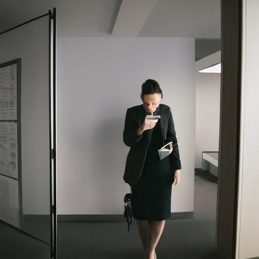 Prompt: “a woman standing outside a meeting room with mobile phone”