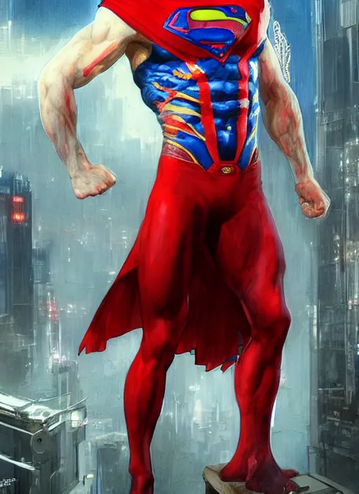 Image similar to portrait of crossfit sprinter superman!, futuristic detailed ornate cyberpunk costume!, red and black costume!!!, pale skin!, no logo!!!, painted art by tsuyoshi nagano, greg rutkowski, artgerm, alphonse mucha, spike painting