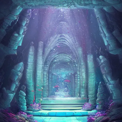 Prompt: a beautiful digital artwork of an underwater temple built from coral. magical, enchanted. trending on artstation