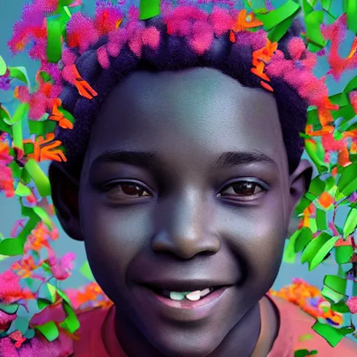 Prompt: colourful vfx art - portrait of smiling nigerian boy wrapped in flowers & vines, art by hsiao - ron cheng & james jean, volumetric light, ray tracing, sharp, detailed, digital painting, illustration, highly detailed, intricate detail, unreal engine, octane render, pinterest, behance, art station,