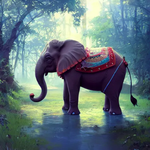 Prompt: a cute fantasy elephant, fine details, vibrant setting, realistic shading, art style by ilya kuvshinov, katsuhiro, artgerm, jeremy lipkin, michael garmash, nixeu, unreal engine 5, radiant light, ultra detailed, intricate environment