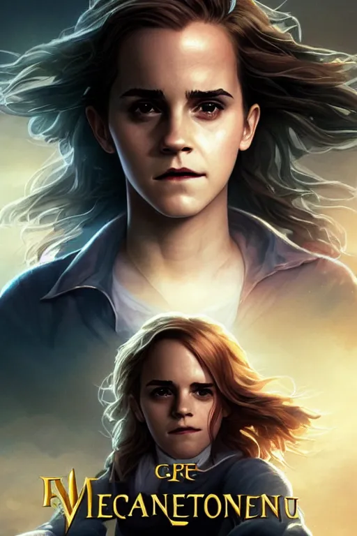 Prompt: Poster artwork, Emma Watson as Hermione Granger, magnificent, medium close up, details, sharp focus, elegant, highly detailed, illustration, by Jordan Grimmer and greg rutkowski and PiNe(パイネ) and 薯子Imoko and 香川悠作 and wlop!! and maya takamura, intricate, beautiful, Trending artstation, pixiv, digital Art